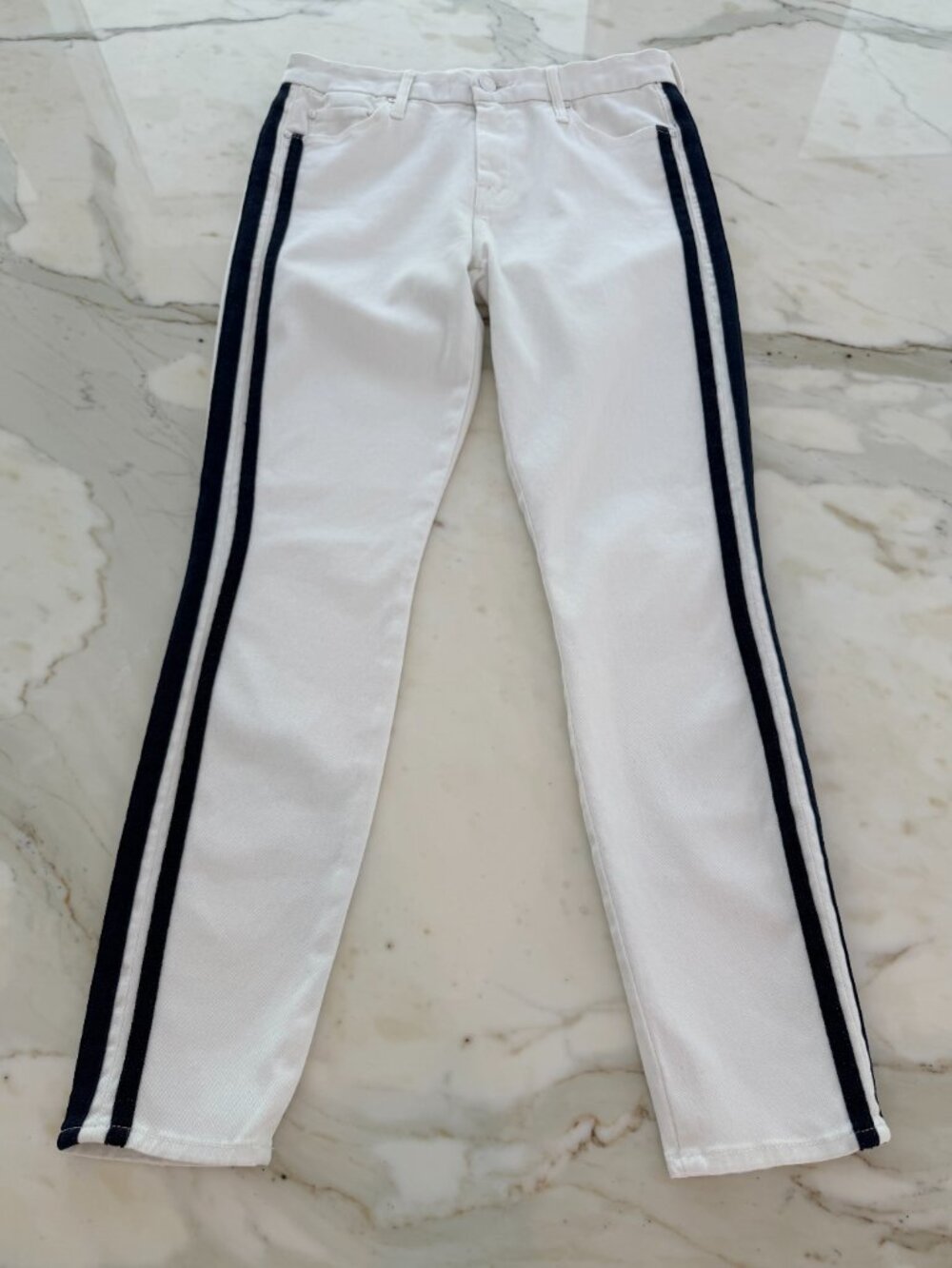 MOTHER THE LOOKER WHITE ANKLE GLASS SLIPPER NAVY RACER STRIPE JEANS SIZE US 28 N